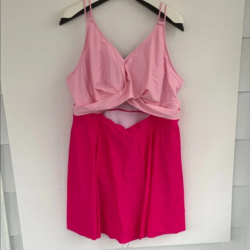 Anti-Float Ties Cut-Out Swim Dress Two-Tone Pink Twist Front Swimsuit Size 22/24